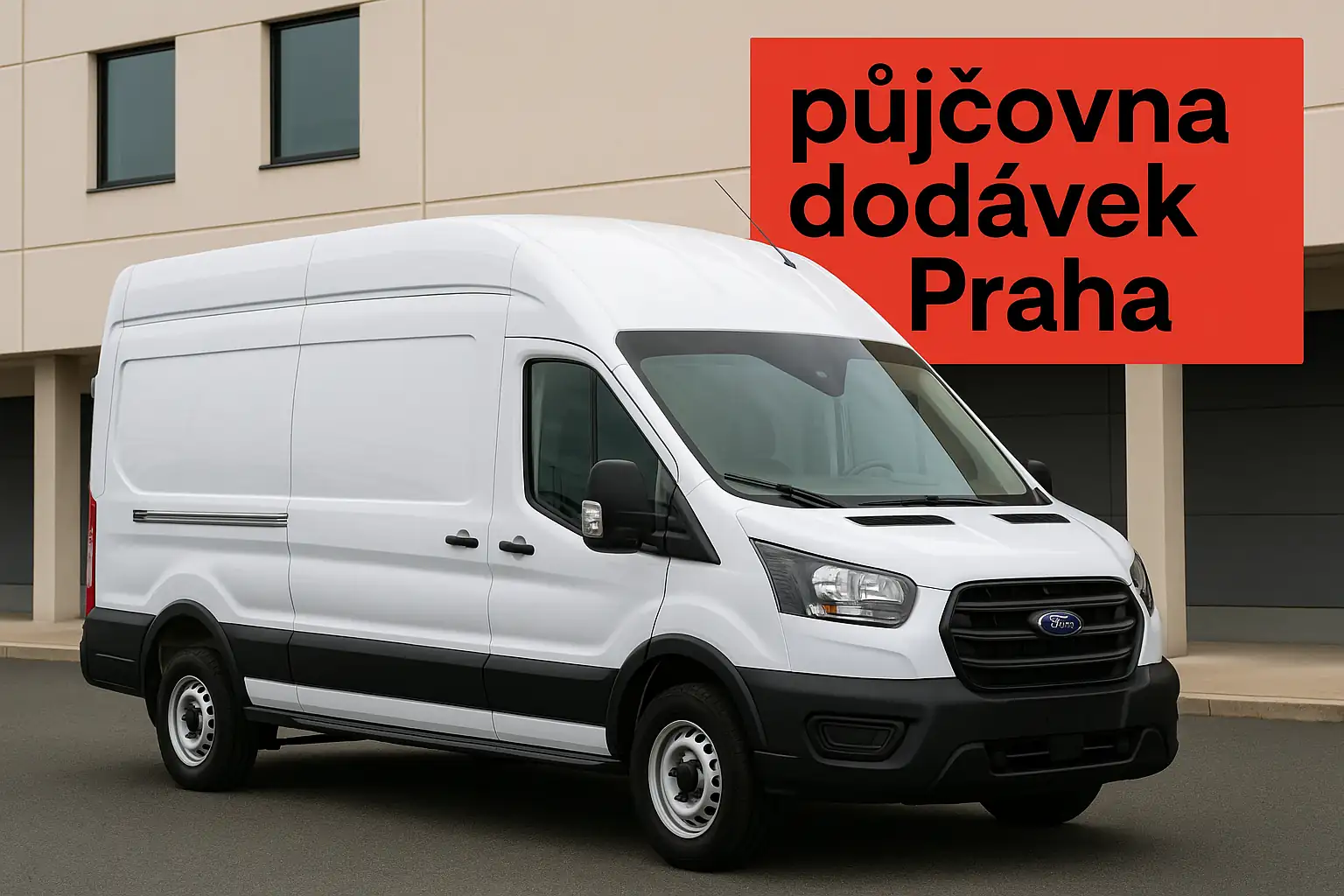 Ford Transit pred provozovnou pujcovna dodavek Praha – ilustruje profesionalni levny pronajem dodavky v Praze s modernim vozovym parkem a dostupnosti Uhříněves.